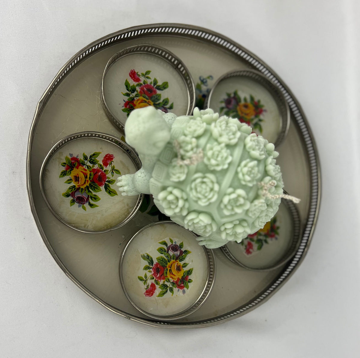 Vintage Floral Glass Tray with 6 Coasters: Reverse Painted Cocktail Set