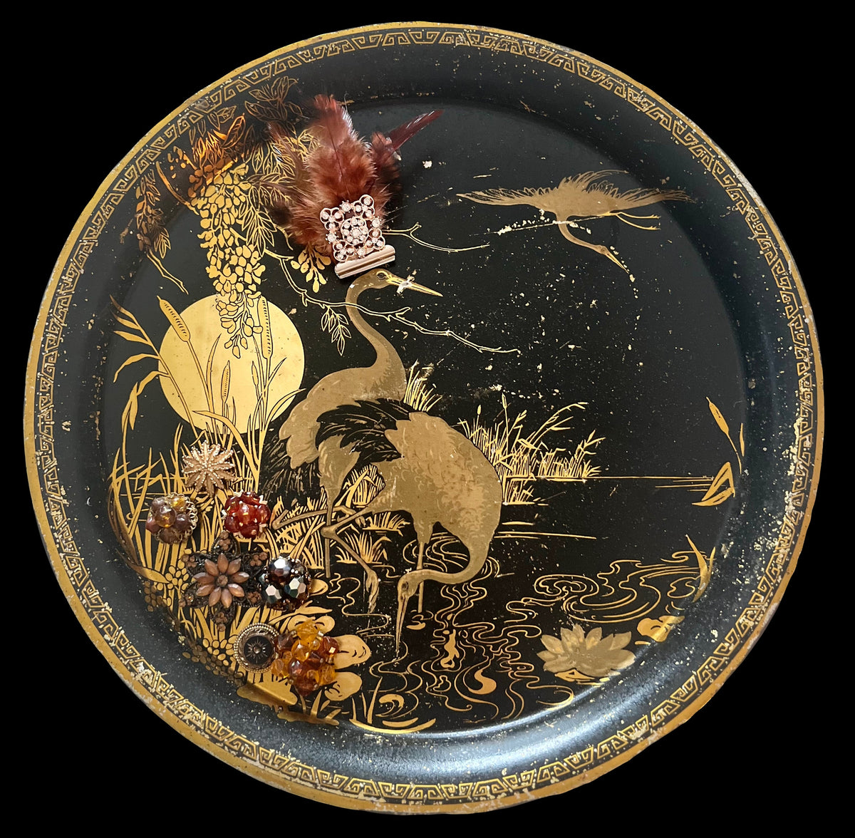 Vintage Peacock Serving Tray: Black & Gold Decorative Magnetic Memo Board