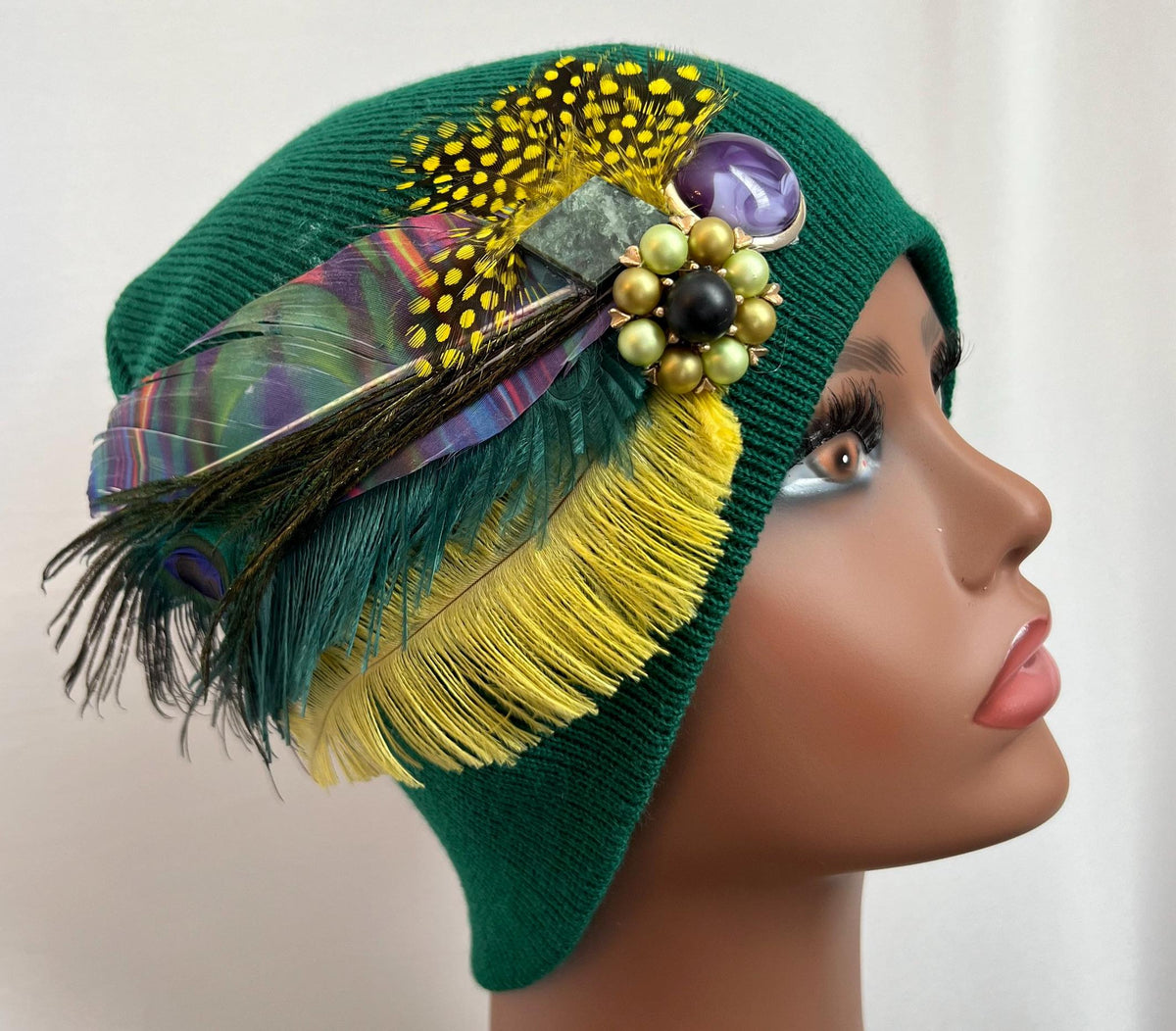Queen of the Forest - Emerald Green Feather Embellished Vintage Jeweled Short Beanie