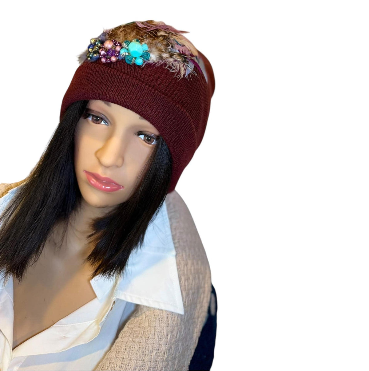 Purple Horizon at Sunset - Unique Sparkly Flapper Beanie - Feathered Winter Knit Hat