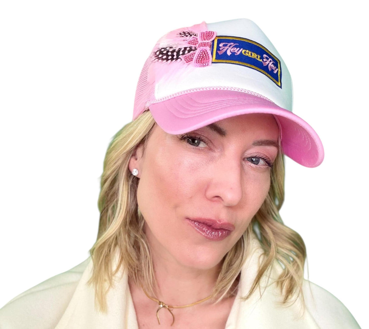 I See You Friendship “Hey GIRL Hey” Patchwork Feather & Jeweled Accented Trucker Hat