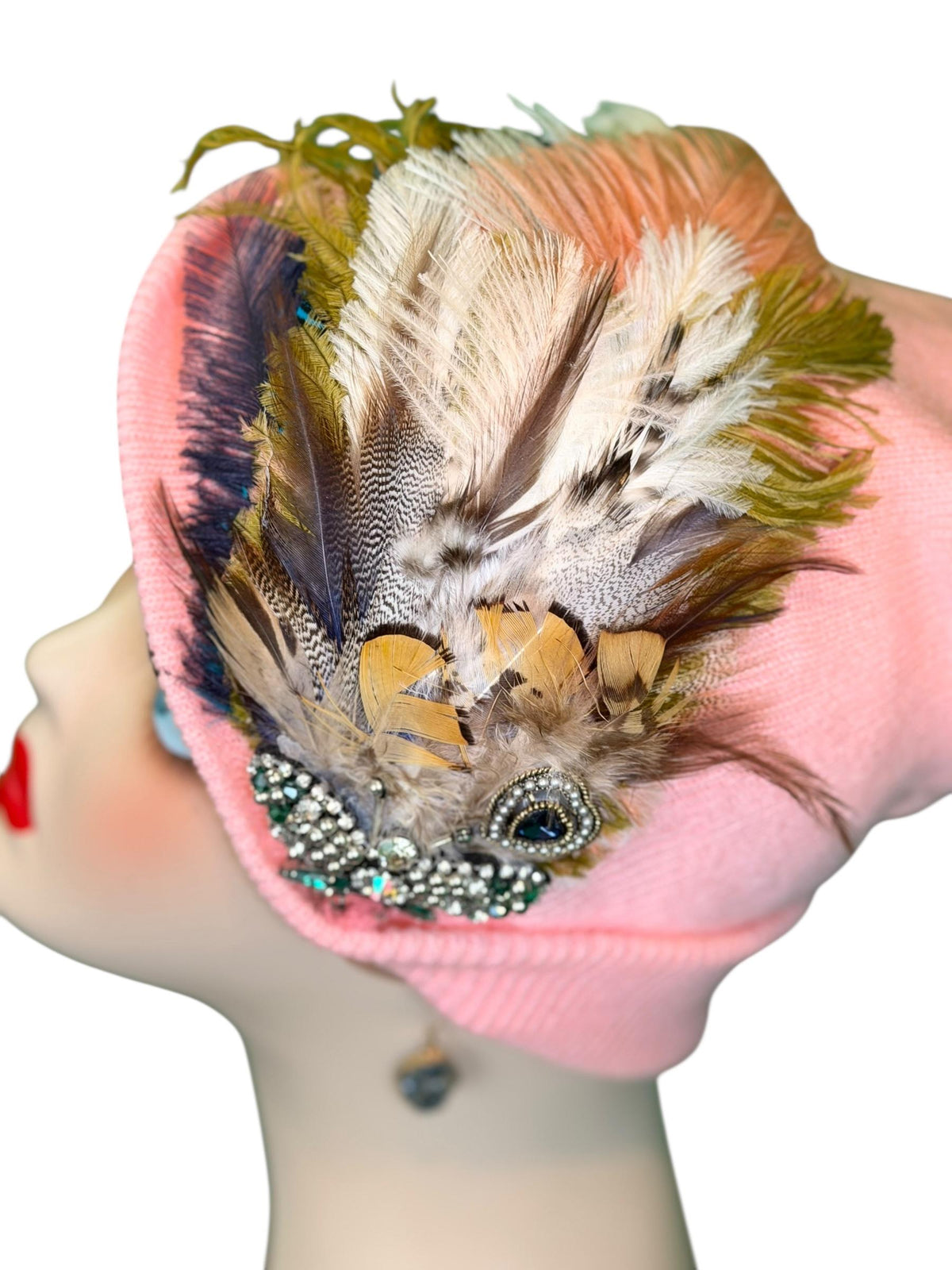 Pink Bumblebee Glam Vintage Jeweled & Fancy Feather Embellished Winter Flapper Beanie