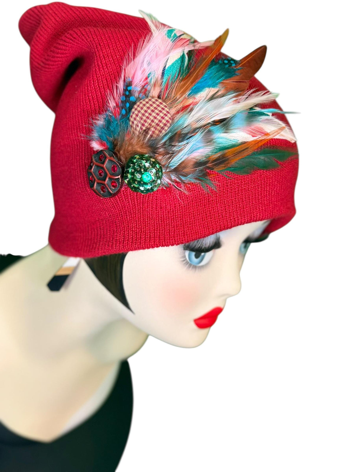 Red Dragon Feather Statement Patchwork Flapper - Embellished Vintage Jeweled & Feathered All Season Wearables