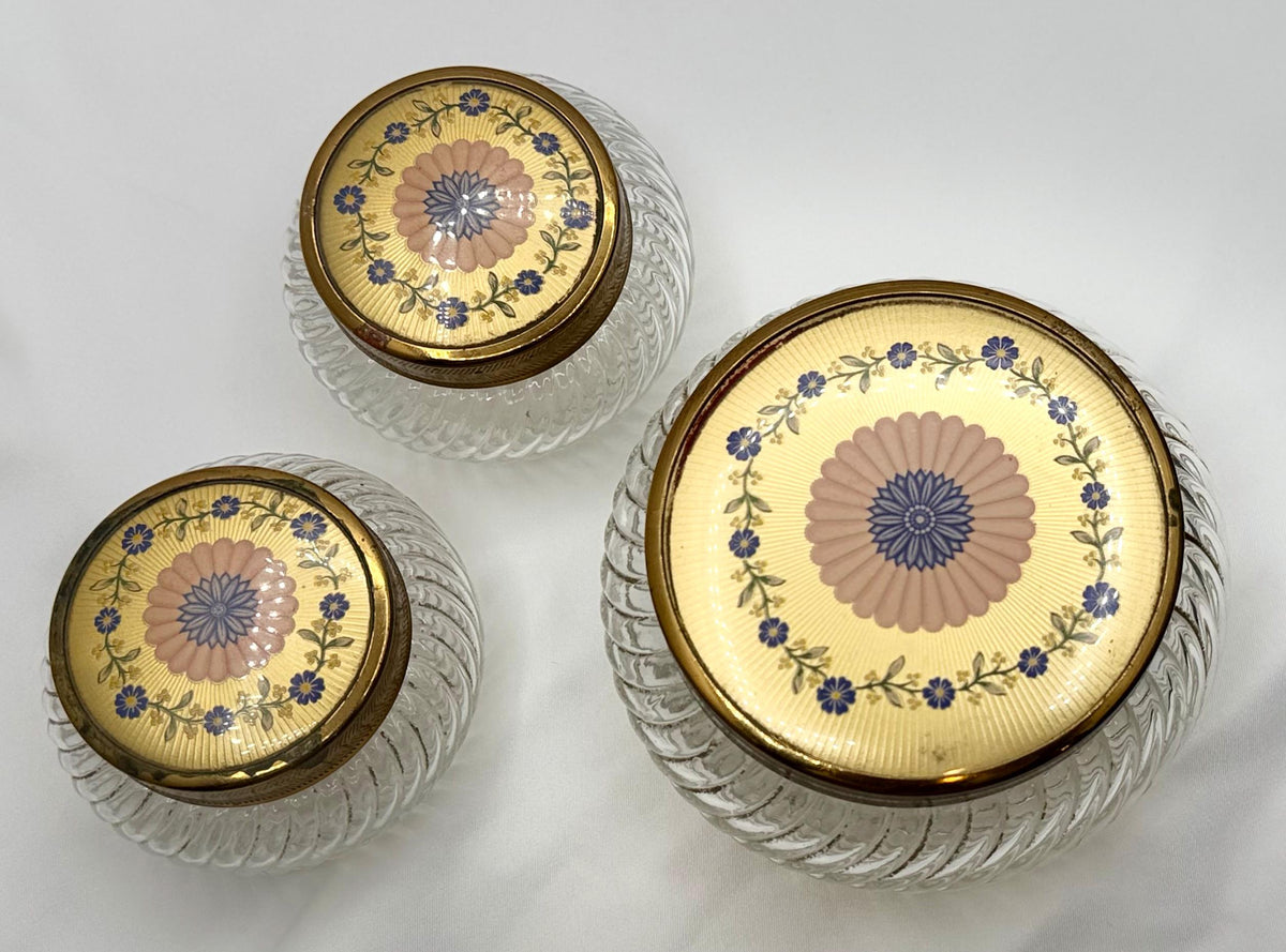 Vintage Glass Vanity Jars Gold Floral Lids Set of 3 Victorian Style Powder Trinket Holders Storage Decor