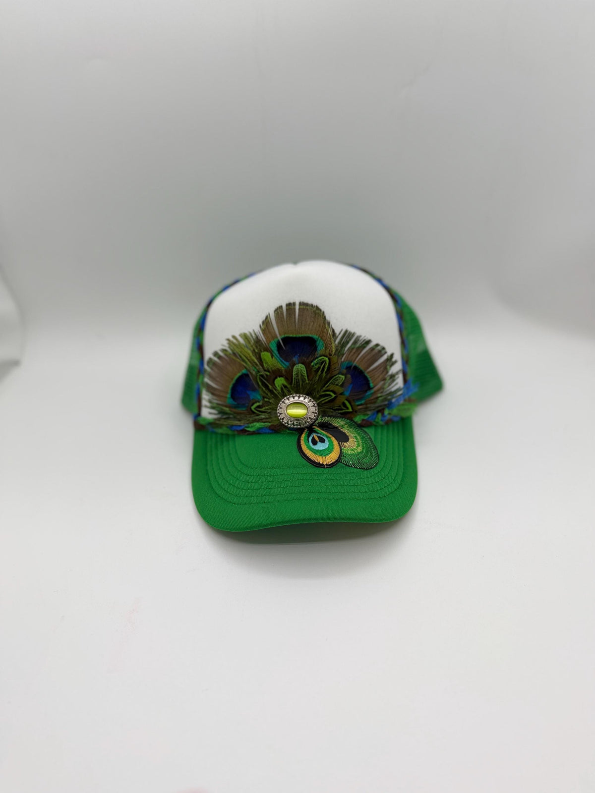 Handmade Peacock Feather Trucker Hat with Jeweled Accents, Statement Cap, Adjustable Mesh Hat
