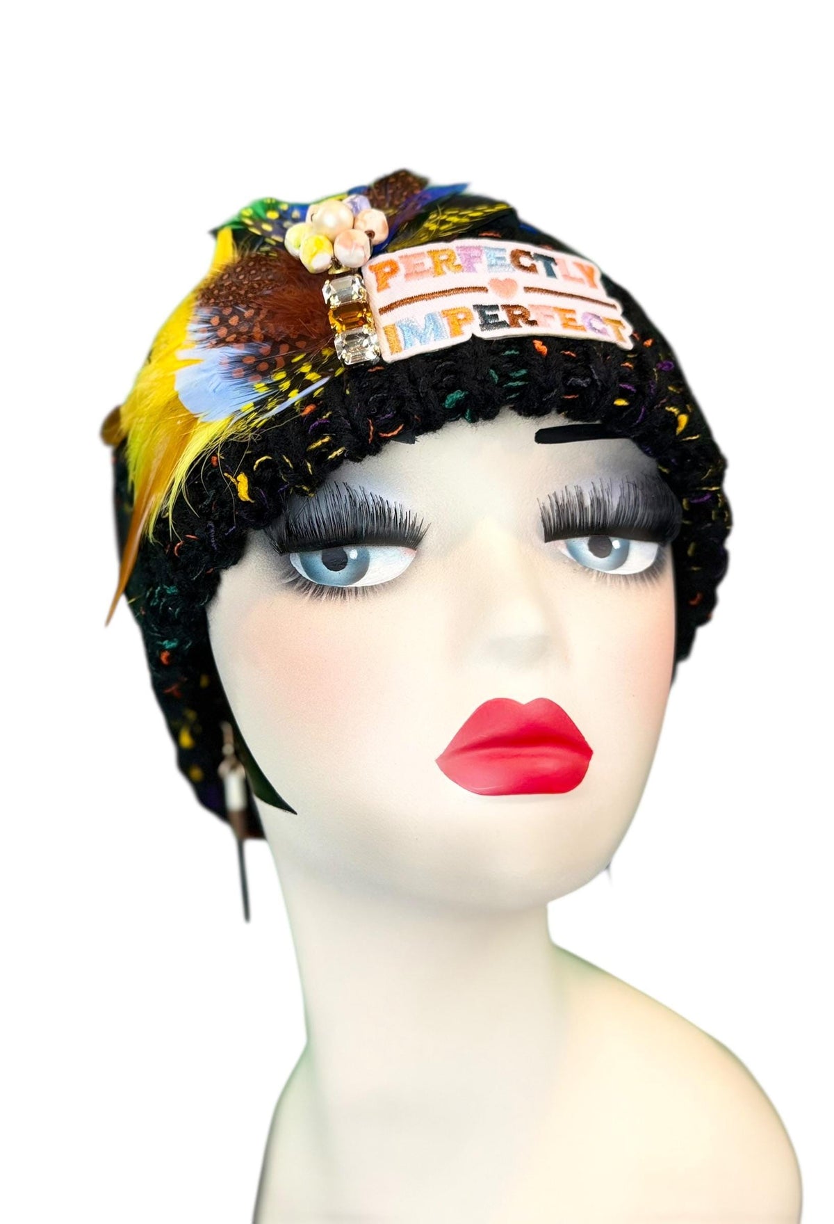 Perfectly Imperfect Patchwork - Feather Trimmed & Jeweled - All Season’s Beanie