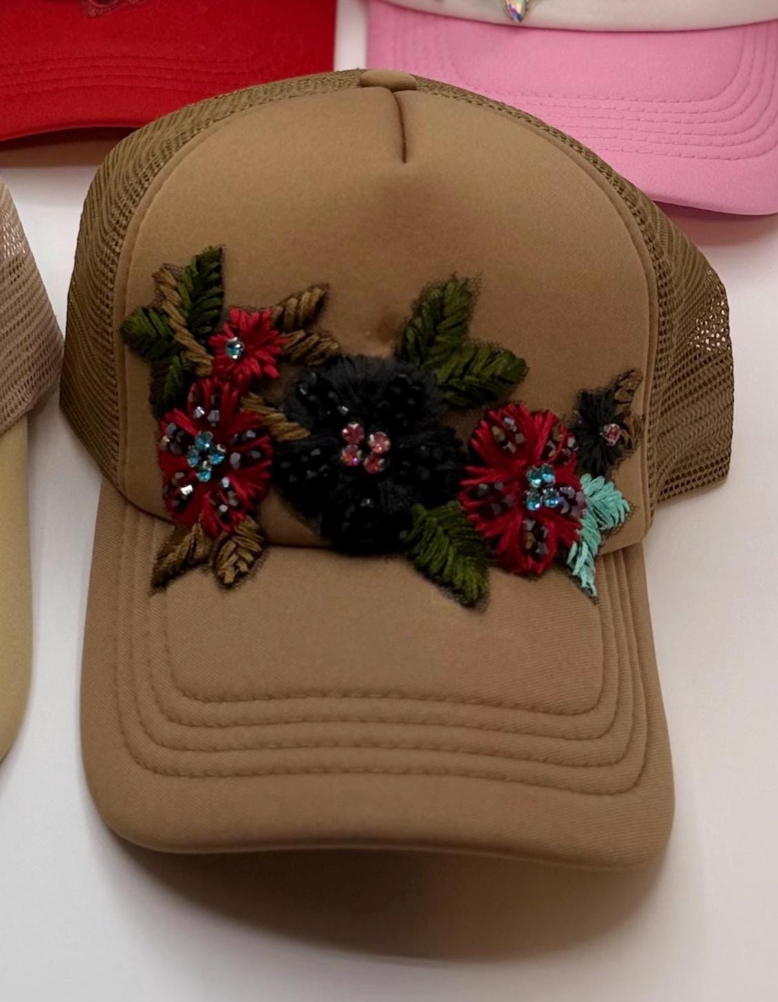 Artisan Design - Floral Appliqué Embellished Statement Trucker Hat