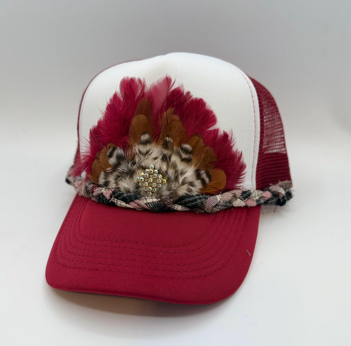 Handmade Feather Trucker Hat with Jeweled Accents, Statement Cap, Adjustable Mesh Hat