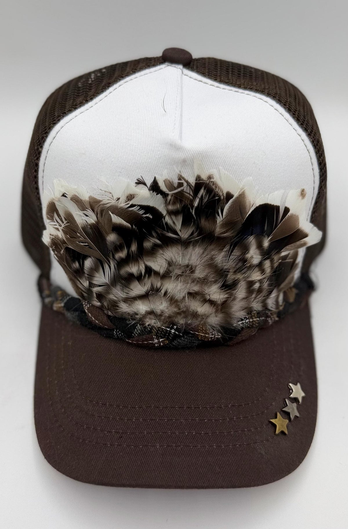 Handmade Feather Trucker Hat with Jeweled Accents, Statement Cap, Adjustable Mesh Hat