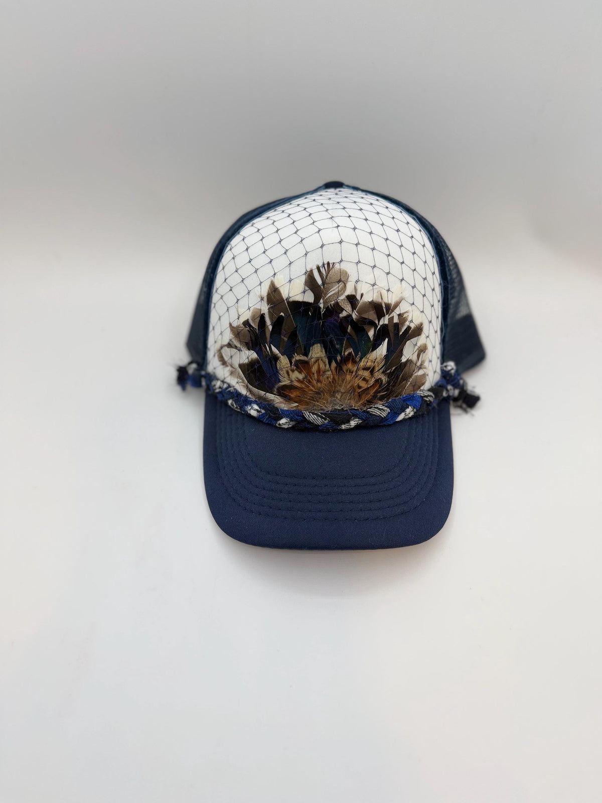 Handmade Feather Trucker Hat with Jeweled Accents, Statement Cap, Adjustable Mesh Hat