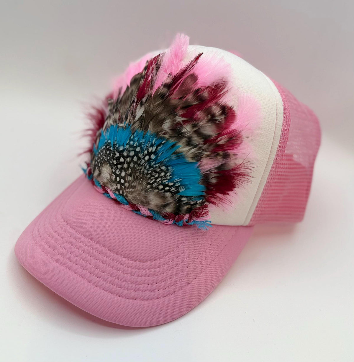 Handmade Feather Trucker Hat with Jeweled Accents, Statement Cap, Adjustable Mesh Hat