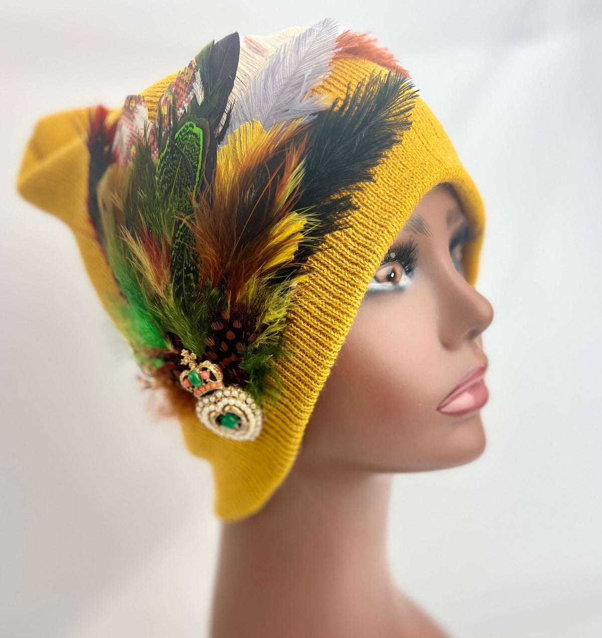 Embellished Feathered & Jeweled Knit Hat