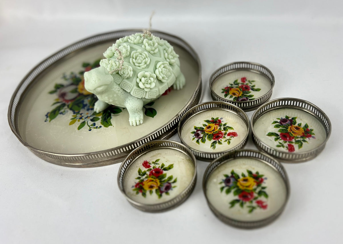 Vintage Floral Glass Tray with 6 Coasters: Reverse Painted Cocktail Set