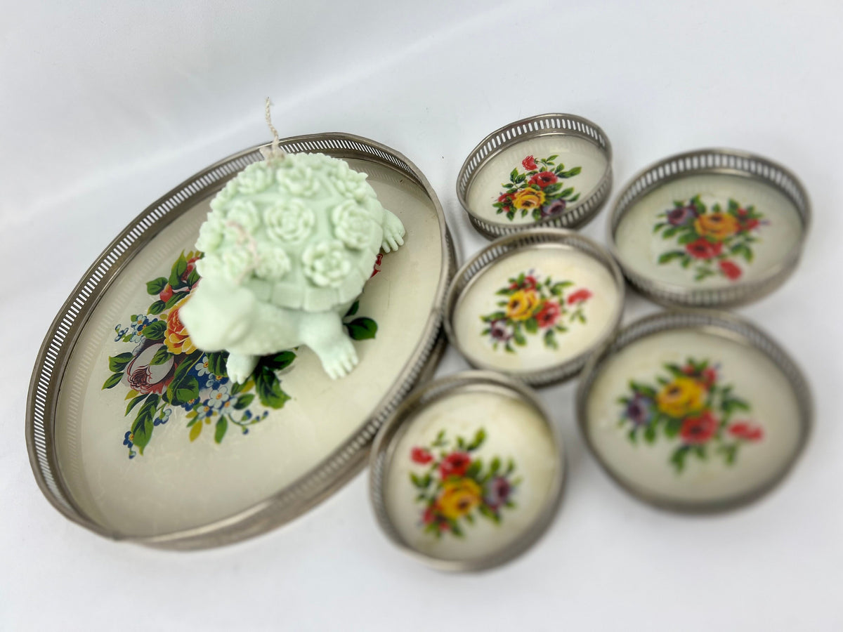 Vintage Floral Glass Tray with 6 Coasters: Reverse Painted Cocktail Set