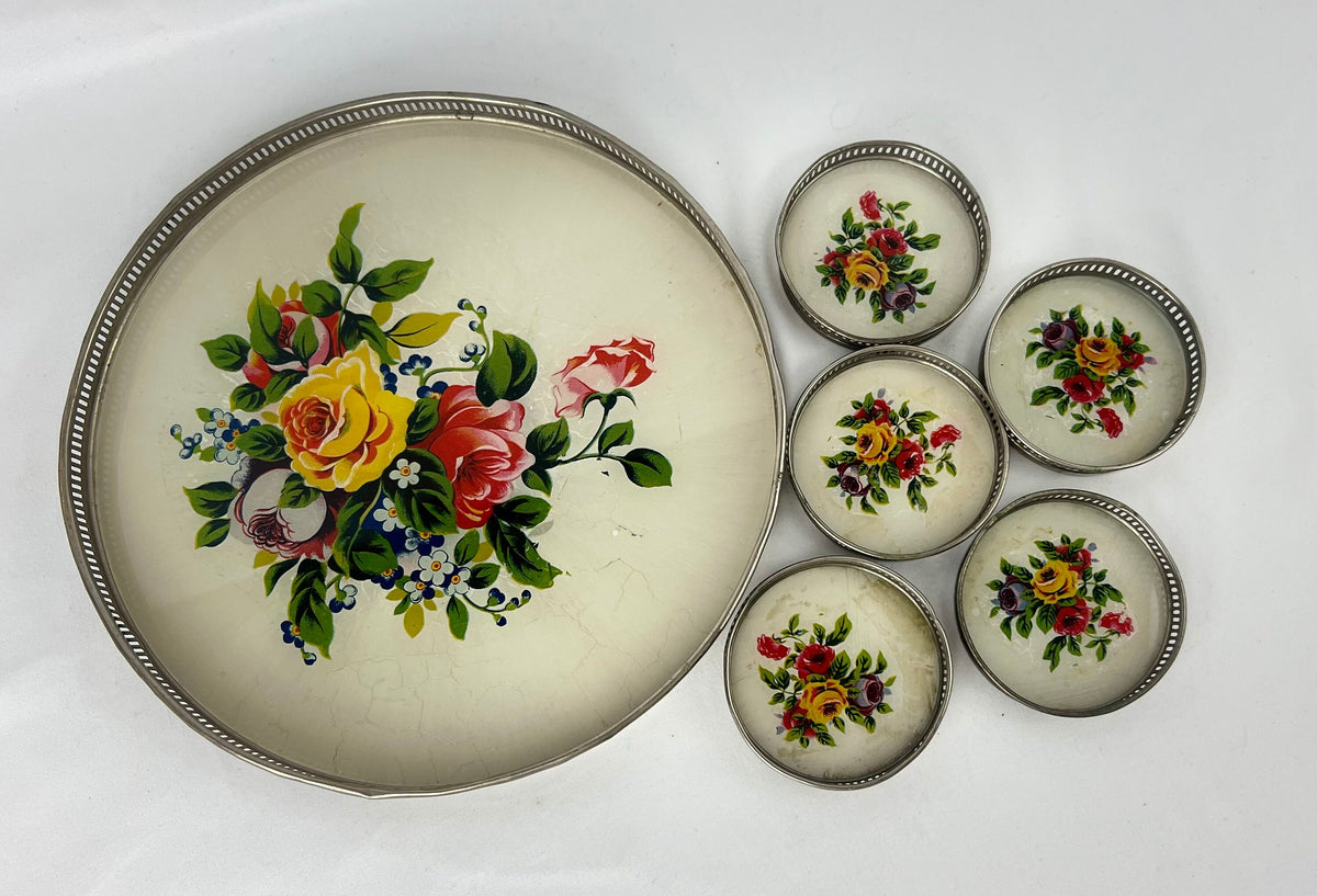 Vintage Floral Glass Tray with 6 Coasters: Reverse Painted Cocktail Set