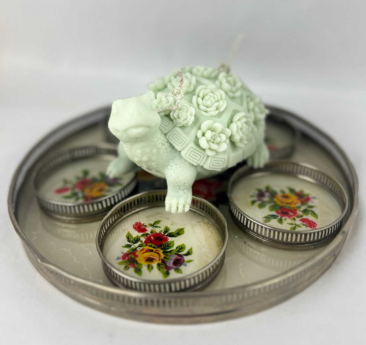 Vintage Floral Glass Tray with 6 Coasters: Reverse Painted Cocktail Set