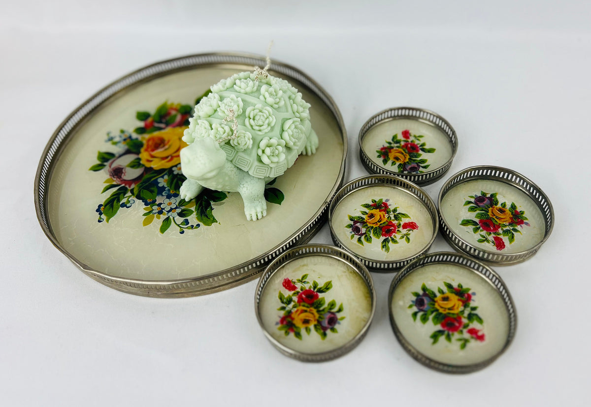 Vintage Floral Glass Tray with 6 Coasters: Reverse Painted Cocktail Set