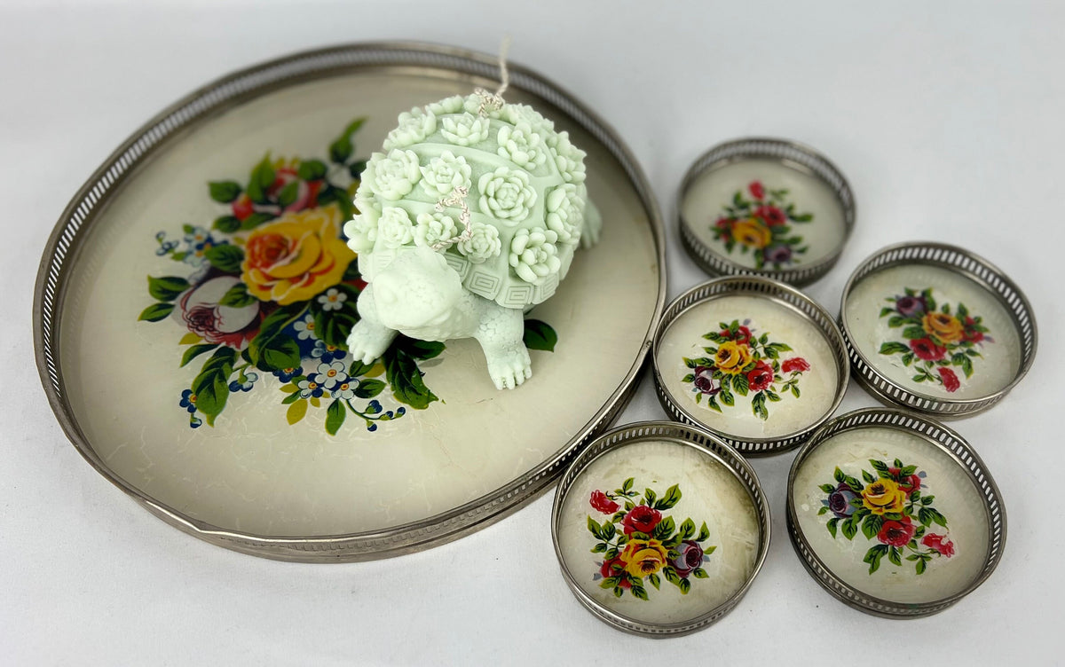 Vintage Floral Glass Tray with 6 Coasters: Reverse Painted Cocktail Set