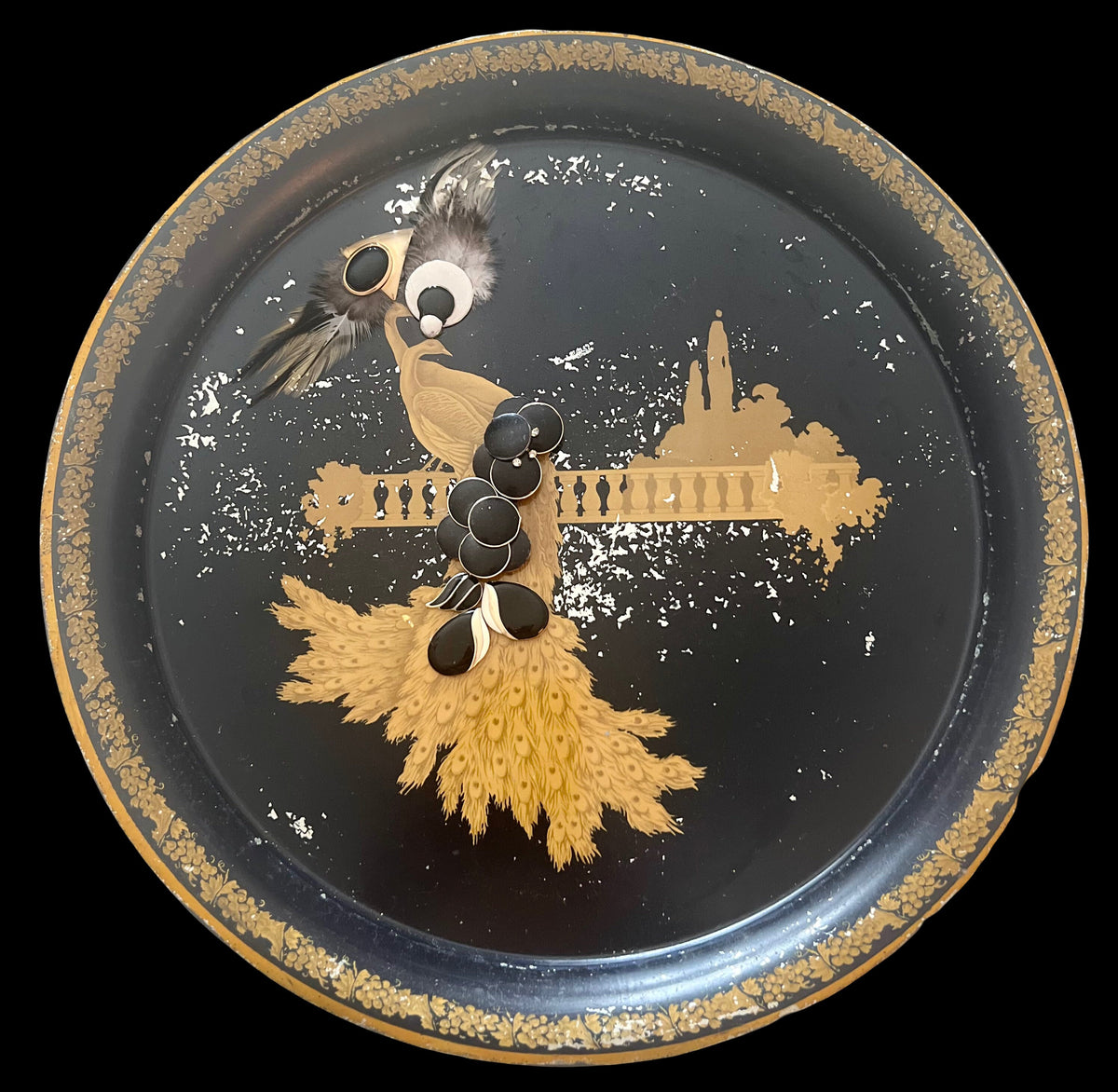 Vintage Peacock Serving Tray: Black & Gold Decorative Magnetic Memo Board