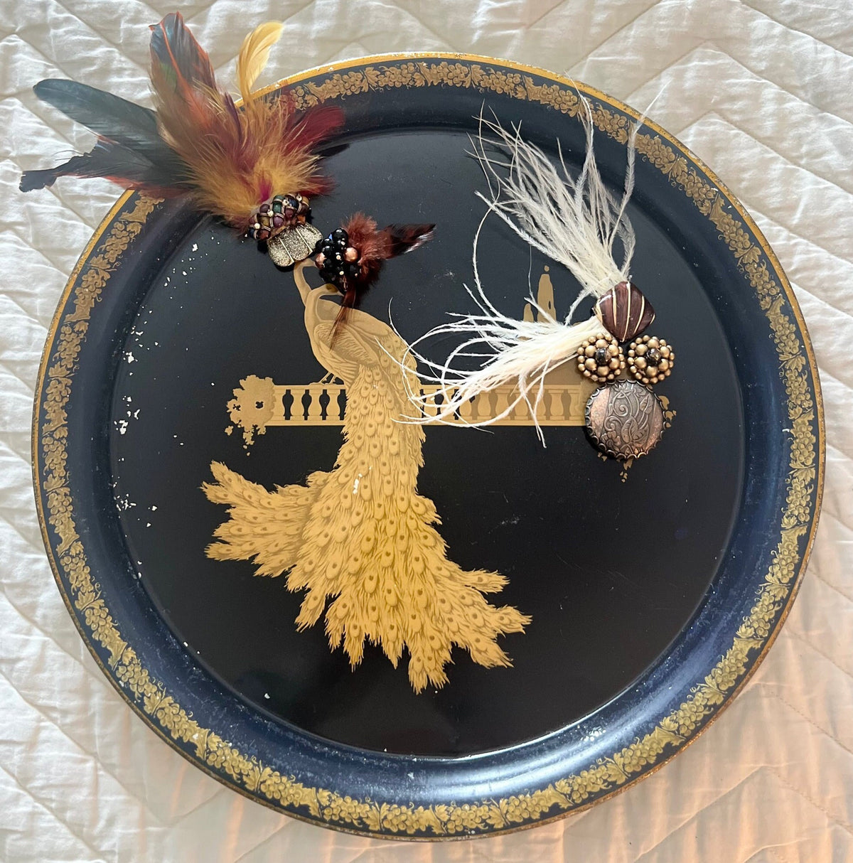 Vintage Peacock Serving Tray: Black & Gold Decorative Magnetic Memo Board