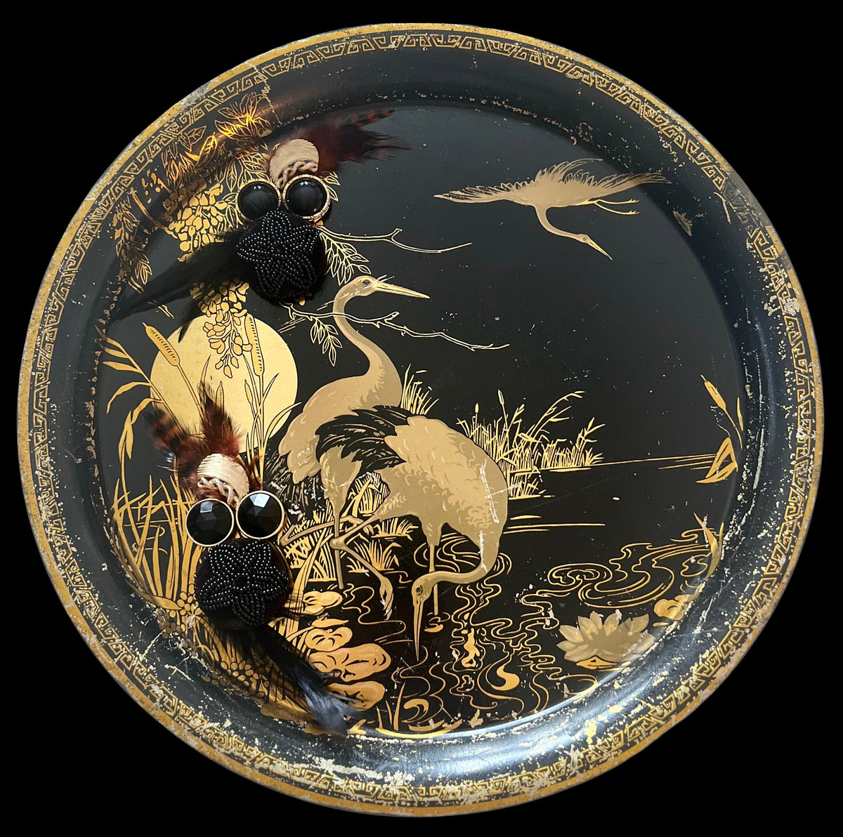 Vintage Peacock Serving Tray: Black & Gold Decorative Magnetic Memo Board