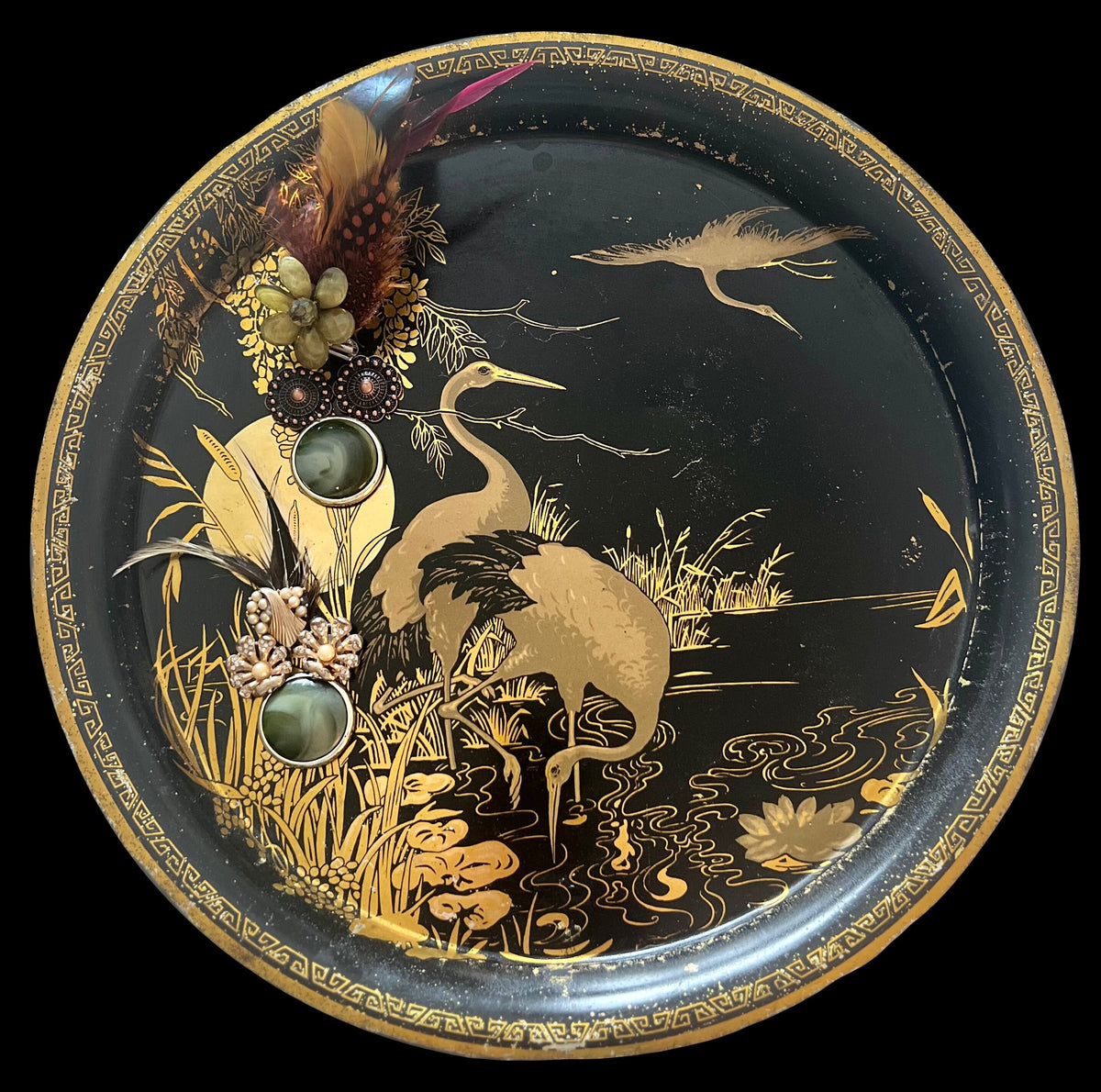 Vintage Peacock Serving Tray: Black & Gold Decorative Magnetic Memo Board