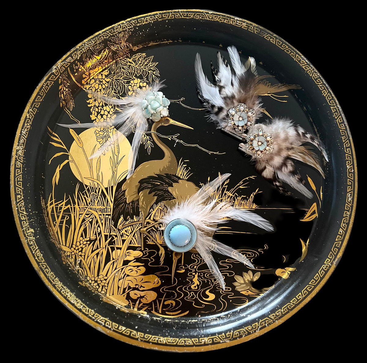 Vintage Peacock Serving Tray: Black & Gold Decorative Magnetic Memo Board