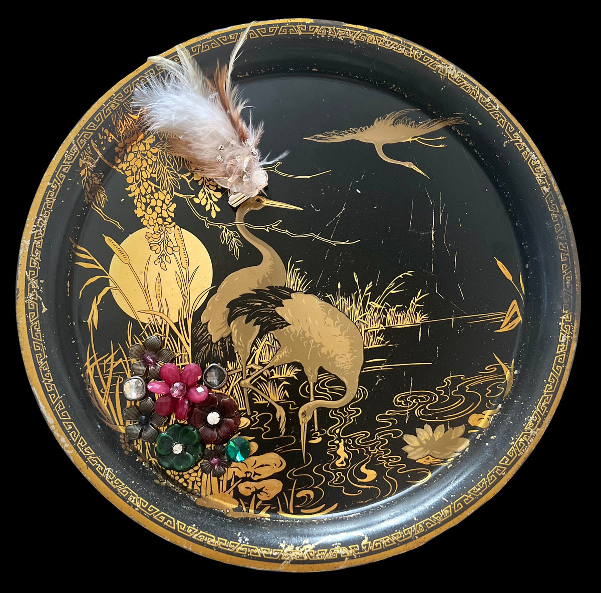Vintage Peacock Serving Tray: Black & Gold Decorative Magnetic Memo Board