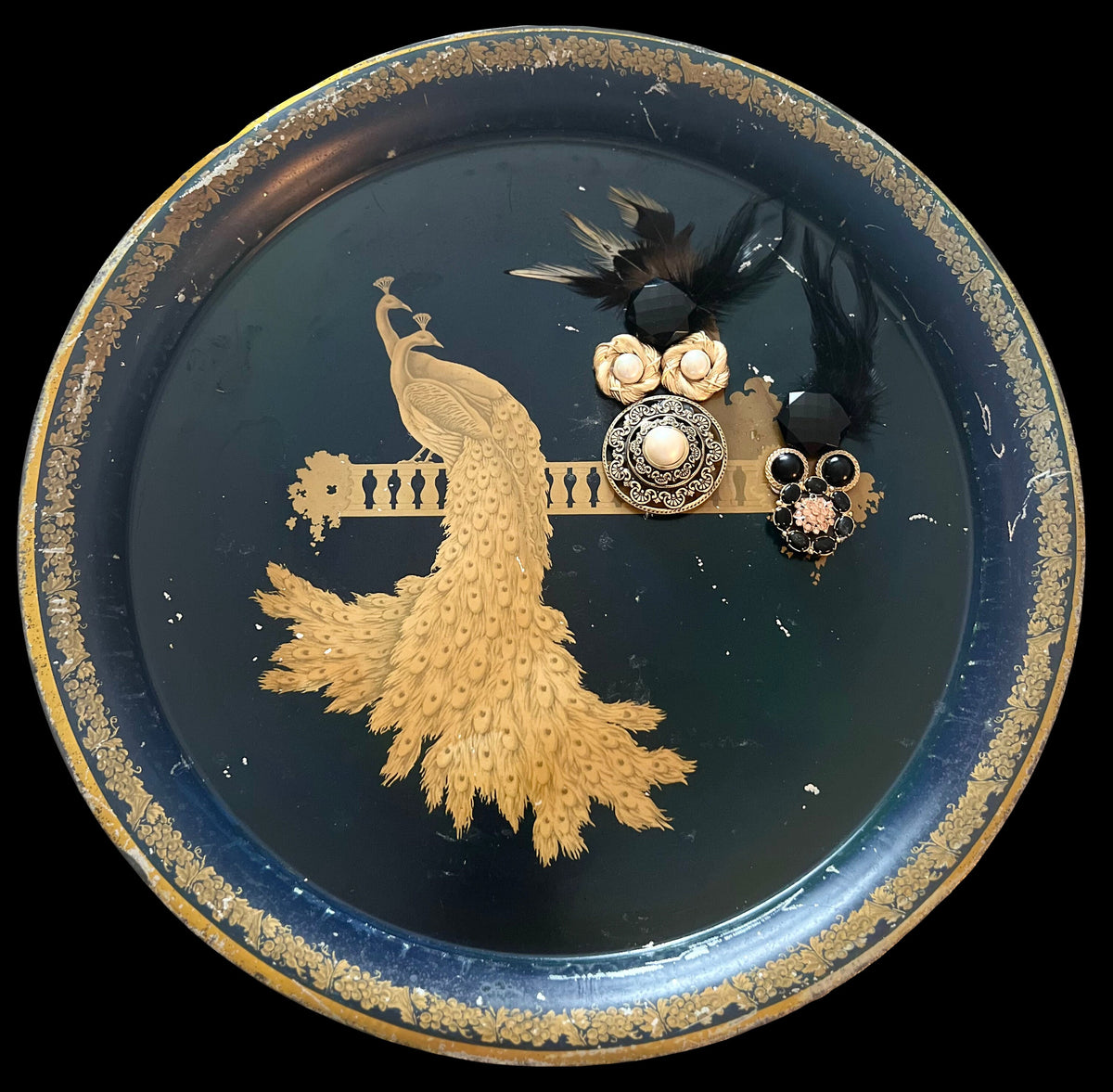 Vintage Peacock Serving Tray: Black & Gold Decorative Magnetic Memo Board