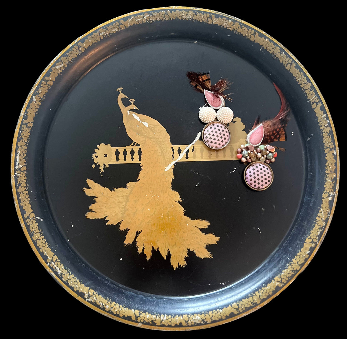 Vintage Peacock Serving Tray: Black & Gold Decorative Magnetic Memo Board