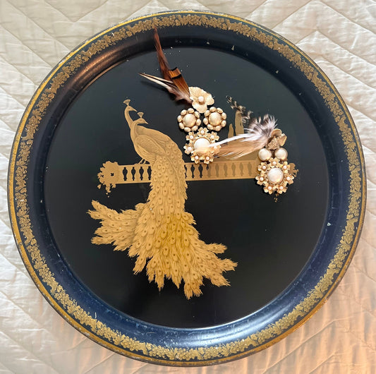 Vintage Peacock Serving Tray: Black & Gold Decorative Magnetic Memo Board
