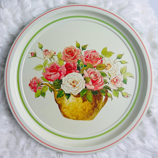 Vintage Floral Metal Tray with Coasters, Cocktail and Drinkware Decor