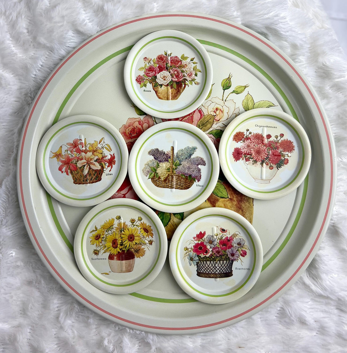 Vintage Floral Metal Tray with Coasters, Cocktail and Drinkware Decor