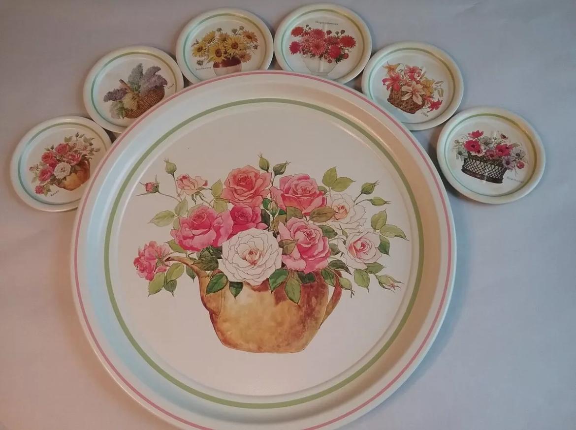 Vintage Floral Metal Tray with Coasters, Cocktail and Drinkware Decor