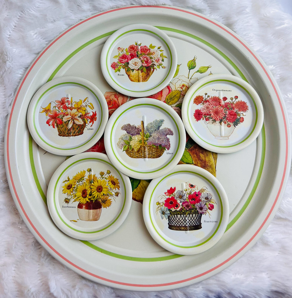 Vintage Floral Metal Tray with Coasters, Cocktail and Drinkware Decor