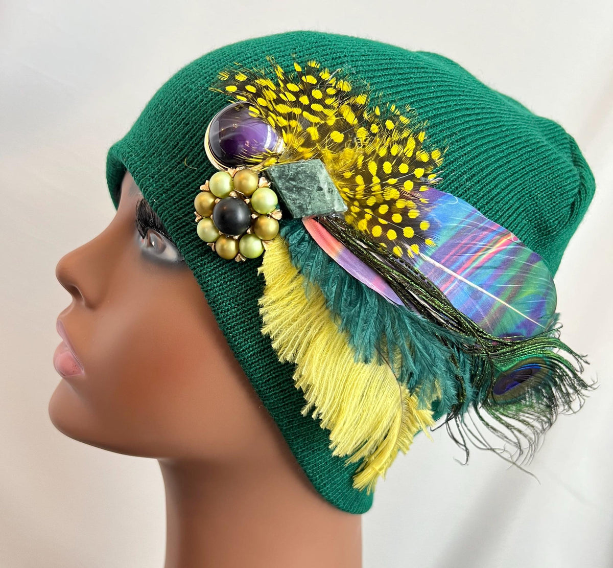 Queen of the Forest - Emerald Green Feather Embellished Vintage Jeweled Short Beanie