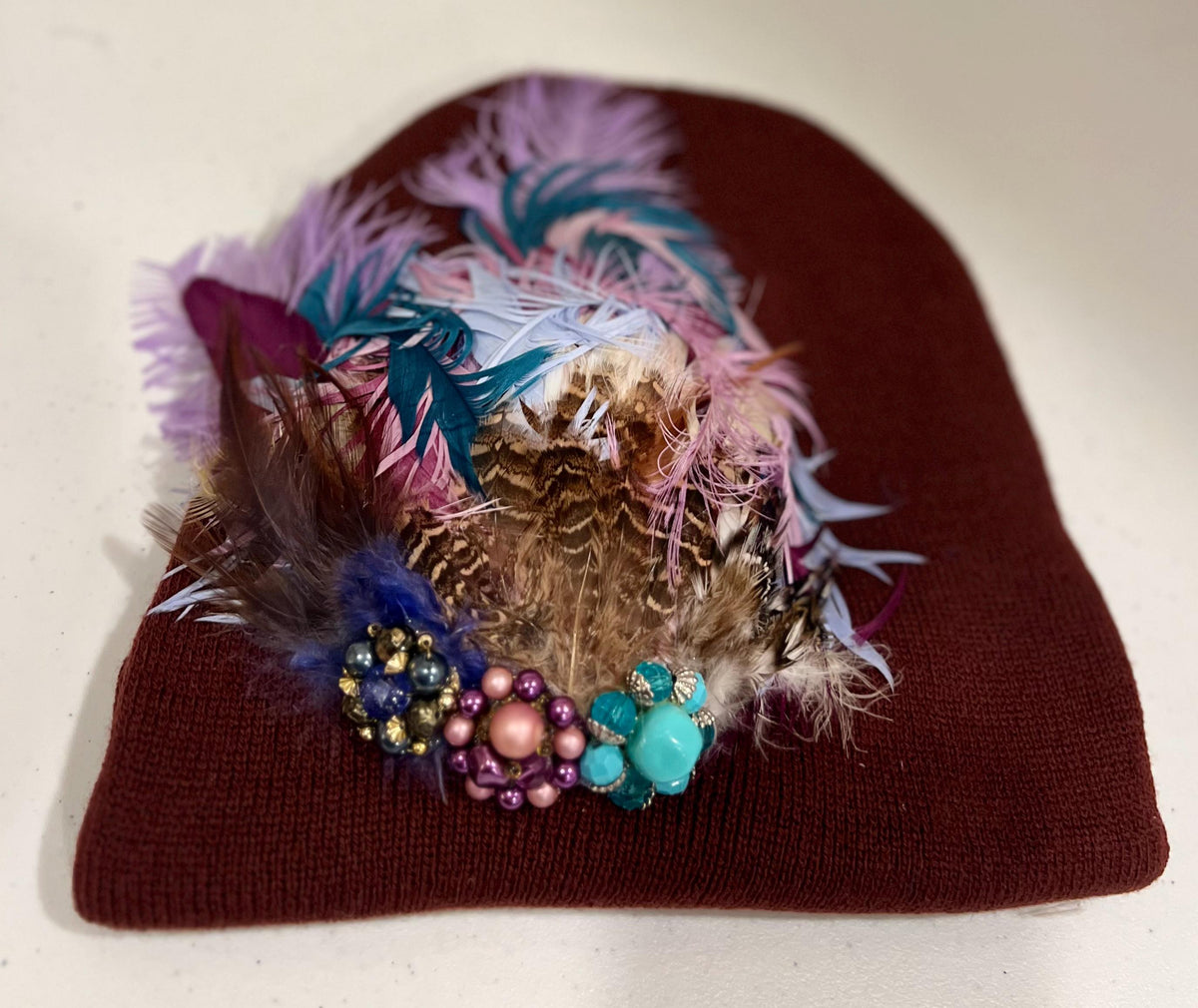 Purple Horizon at Sunset - Unique Sparkly Flapper Beanie - Feathered Winter Knit Hat