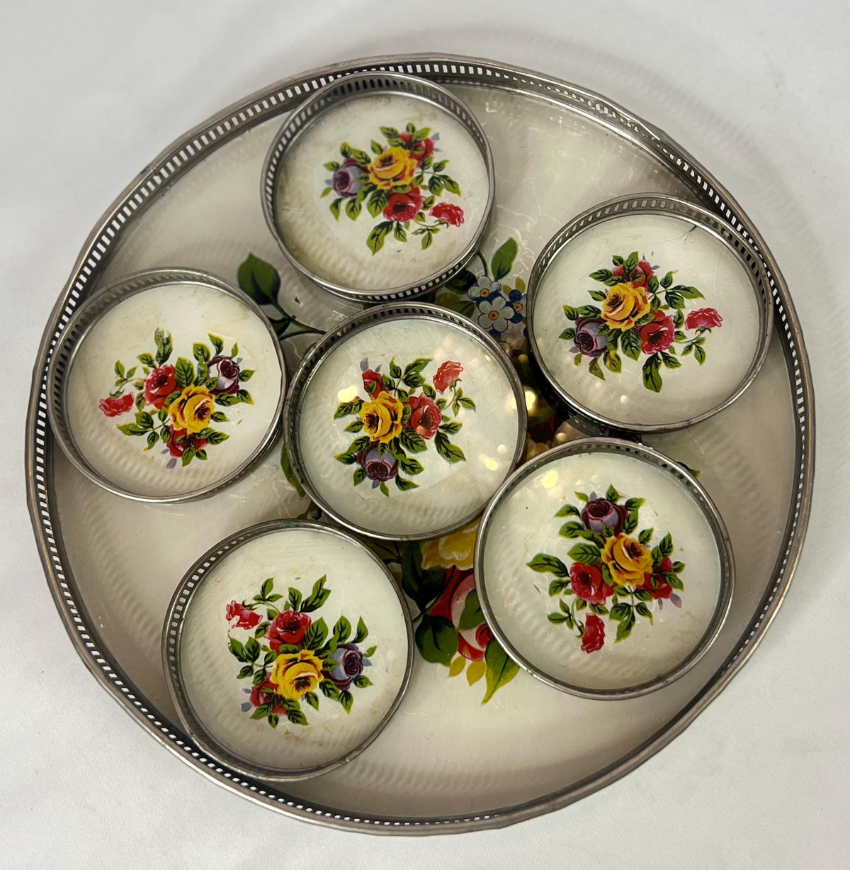 Vintage Floral Glass Tray with 6 Coasters: Reverse Painted Cocktail Set