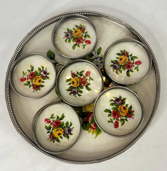 Vintage Floral Glass Tray with 6 Coasters: Reverse Painted Cocktail Set