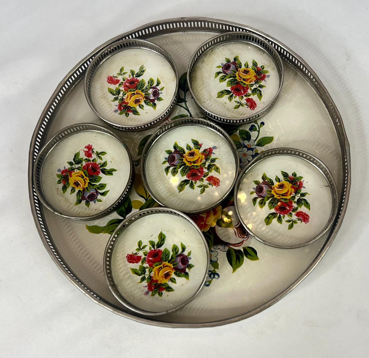 Vintage Floral Glass Tray with 6 Coasters: Reverse Painted Cocktail Set