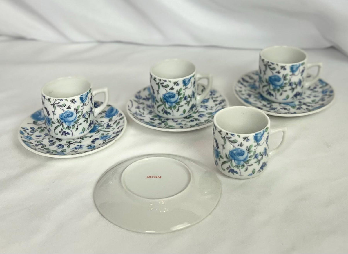 Demitasse Espresso Cup & Saucer Set - Blue Roses - Yellow Rose - Tea Time Party