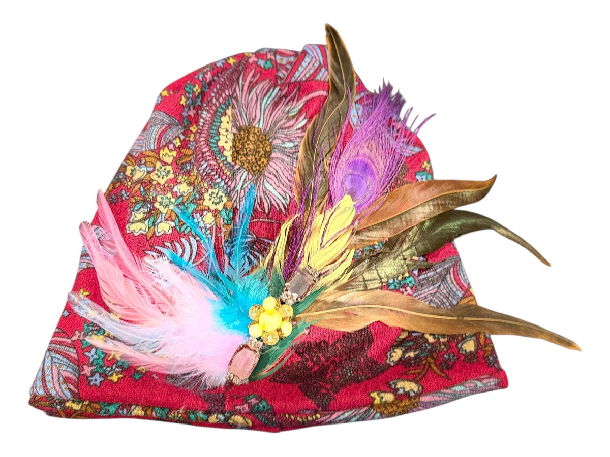 Paradise Island Statement Unique Floral Flapper Jeweled Designer Feathered Winter Knit Hat