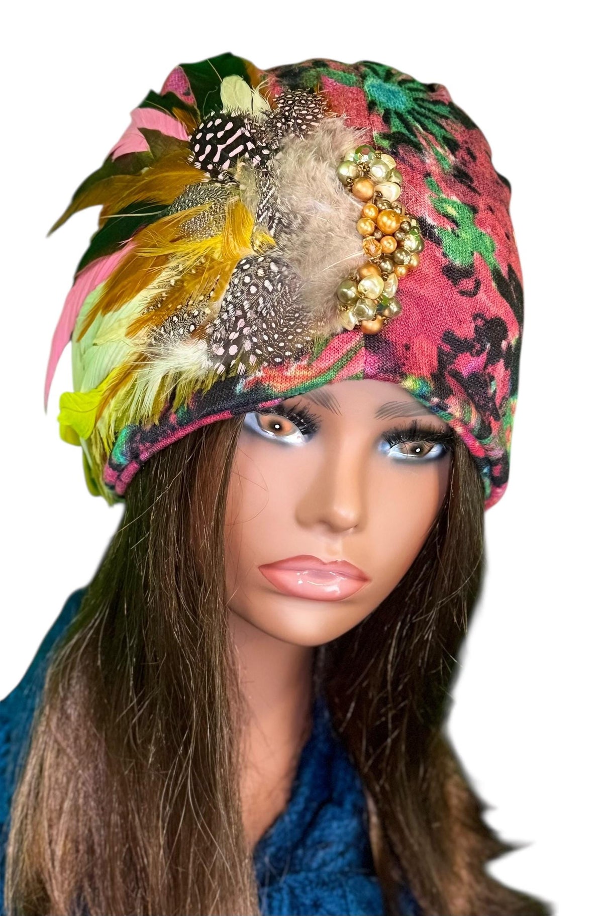 Sunny Sunrise Fancy Embellished Feathered & Vintage Jeweled Floral Beanie Flapper