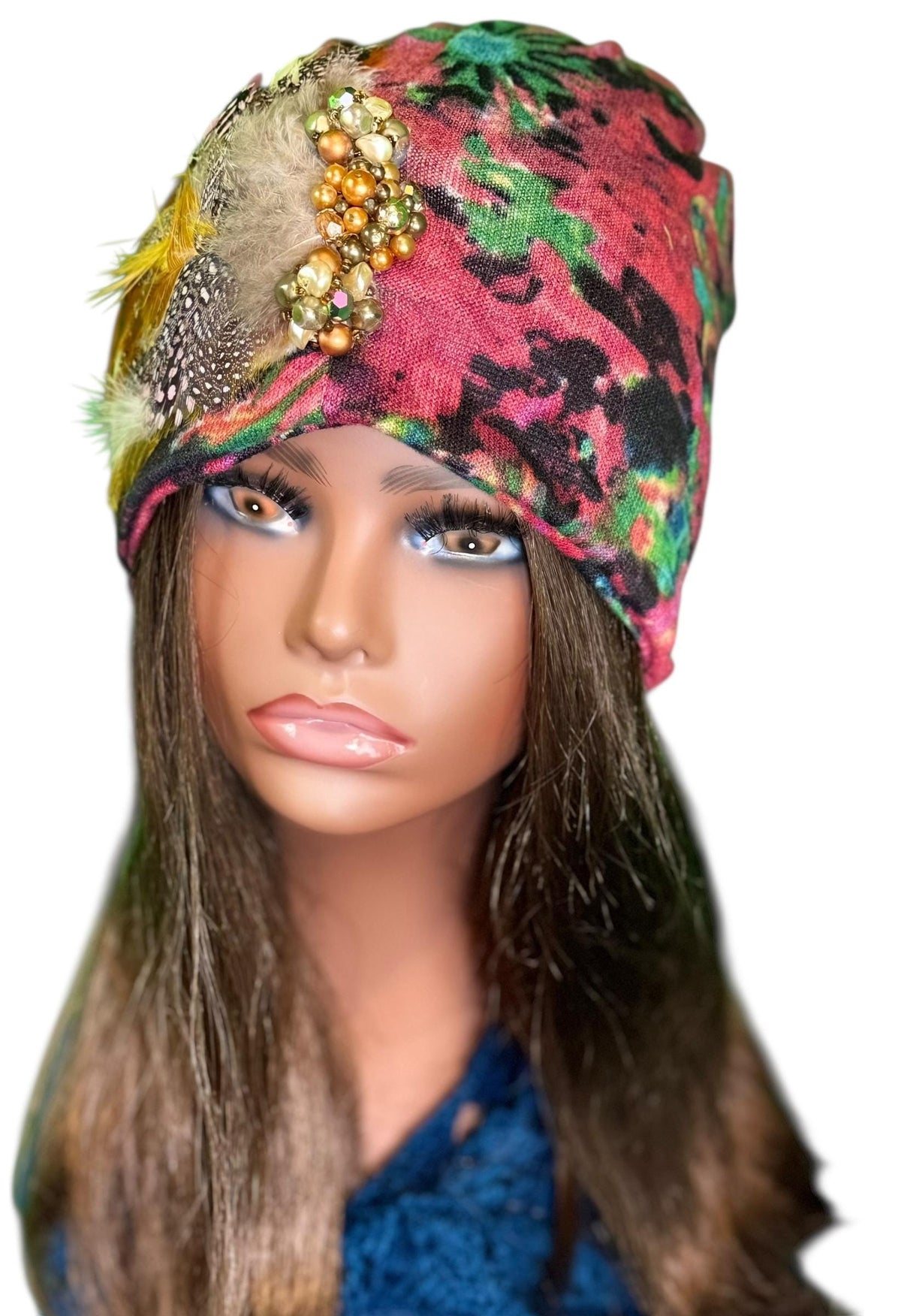 Sunny Sunrise Fancy Embellished Feathered & Vintage Jeweled Floral Beanie Flapper