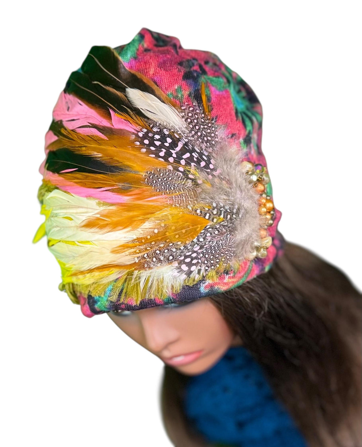 Sunny Sunrise Fancy Embellished Feathered & Vintage Jeweled Floral Beanie Flapper
