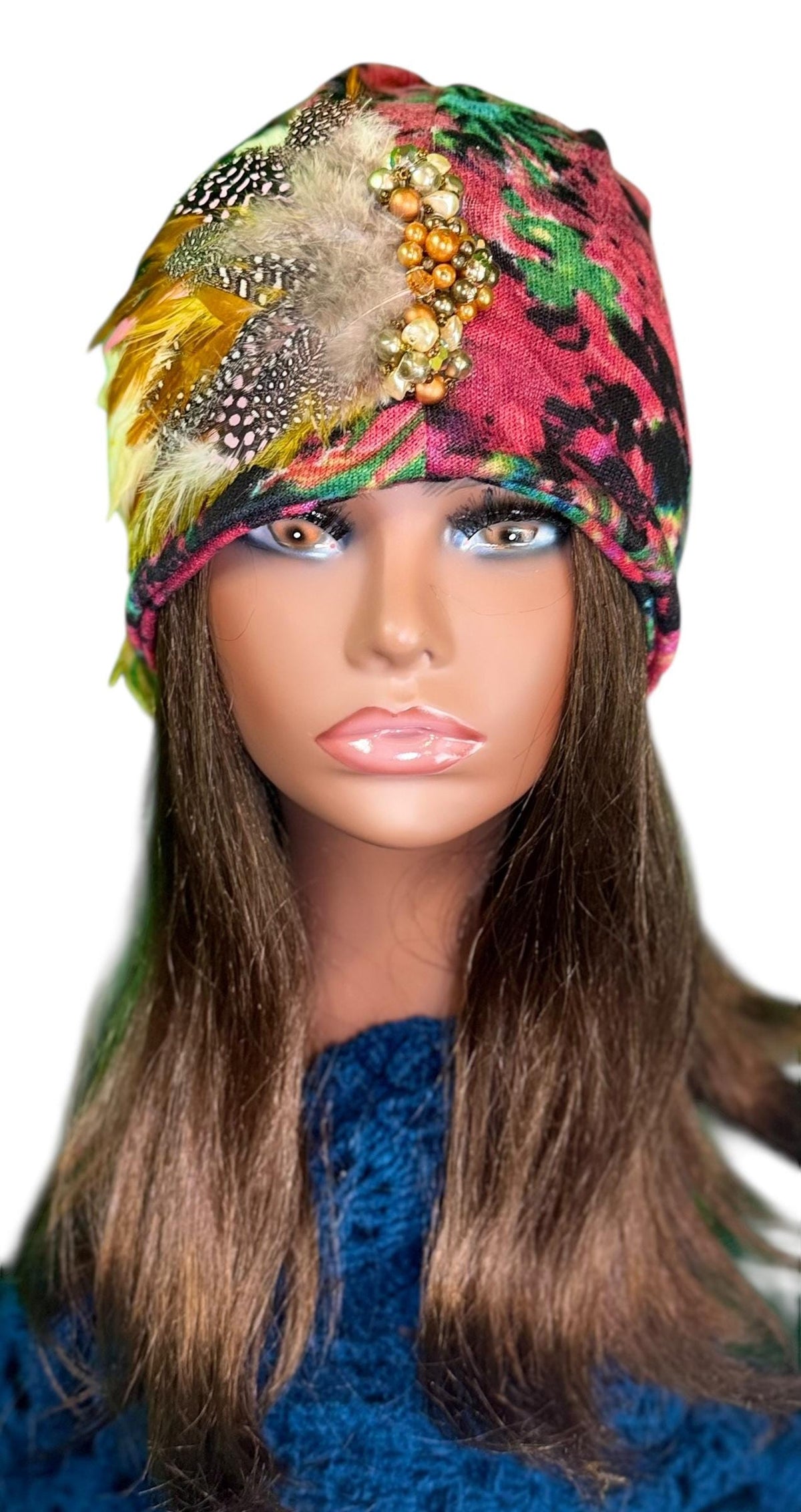 Sunny Sunrise Fancy Embellished Feathered & Vintage Jeweled Floral Beanie Flapper