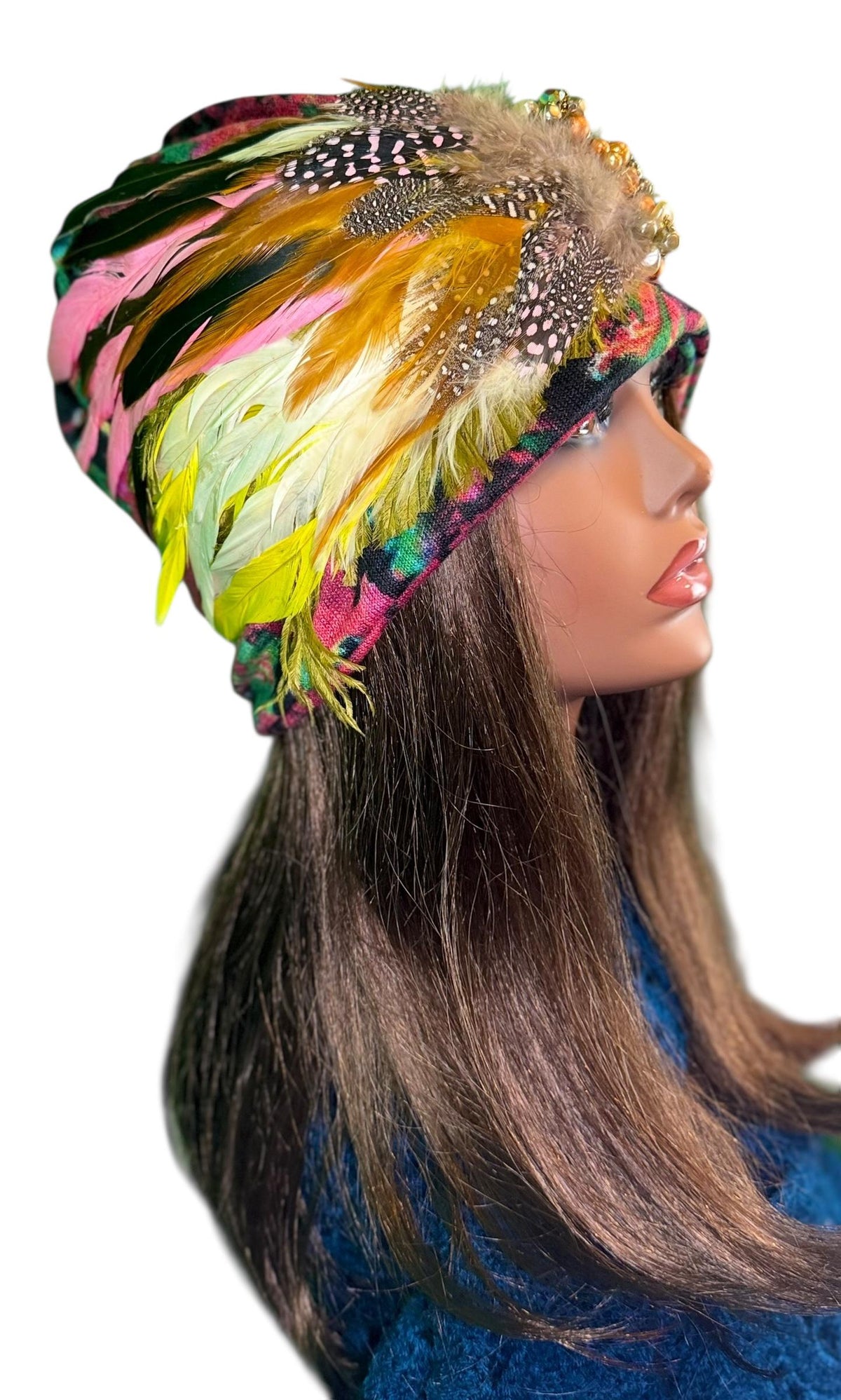 Sunny Sunrise Fancy Embellished Feathered & Vintage Jeweled Floral Beanie Flapper