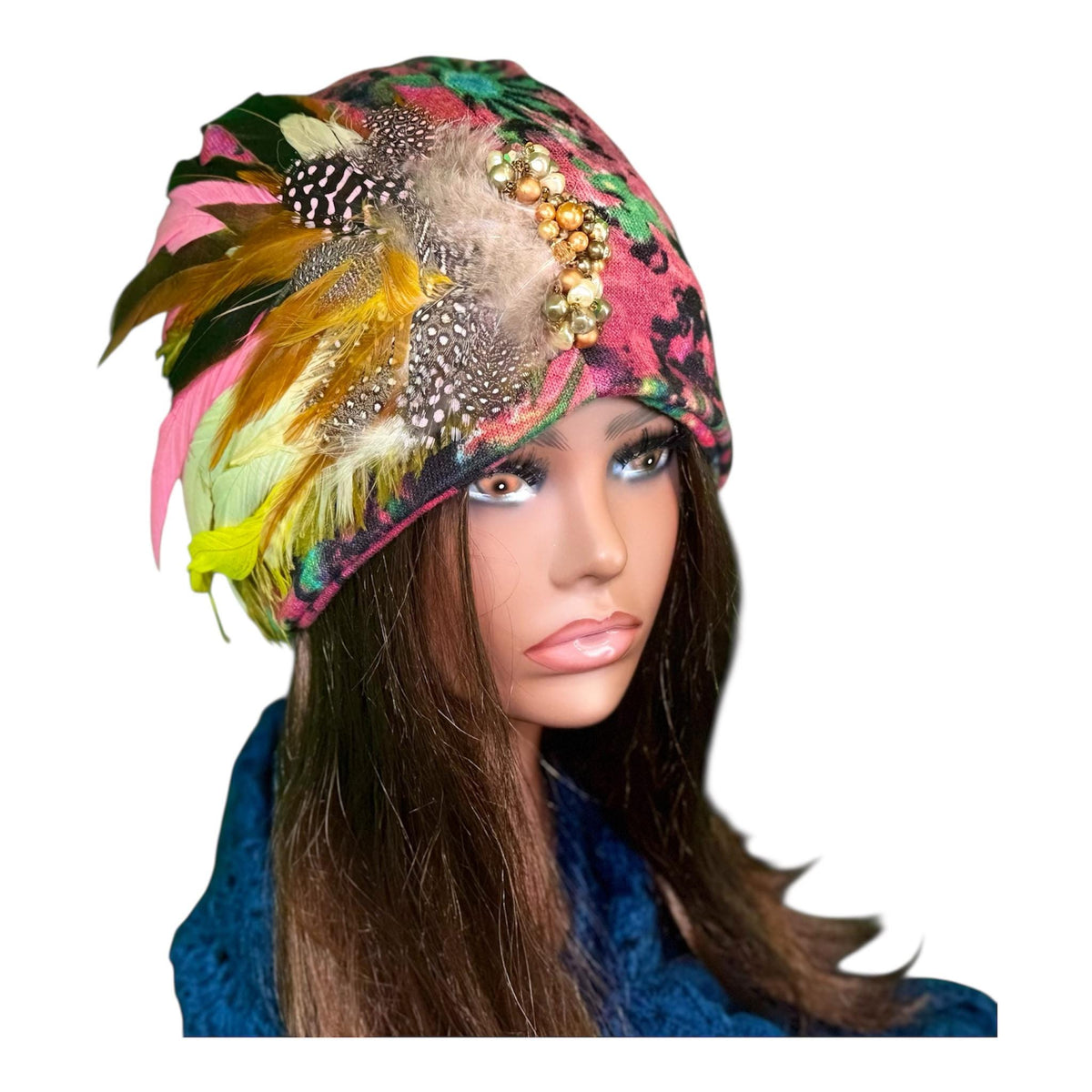 Sunny Sunrise Fancy Embellished Feathered & Vintage Jeweled Floral Beanie Flapper