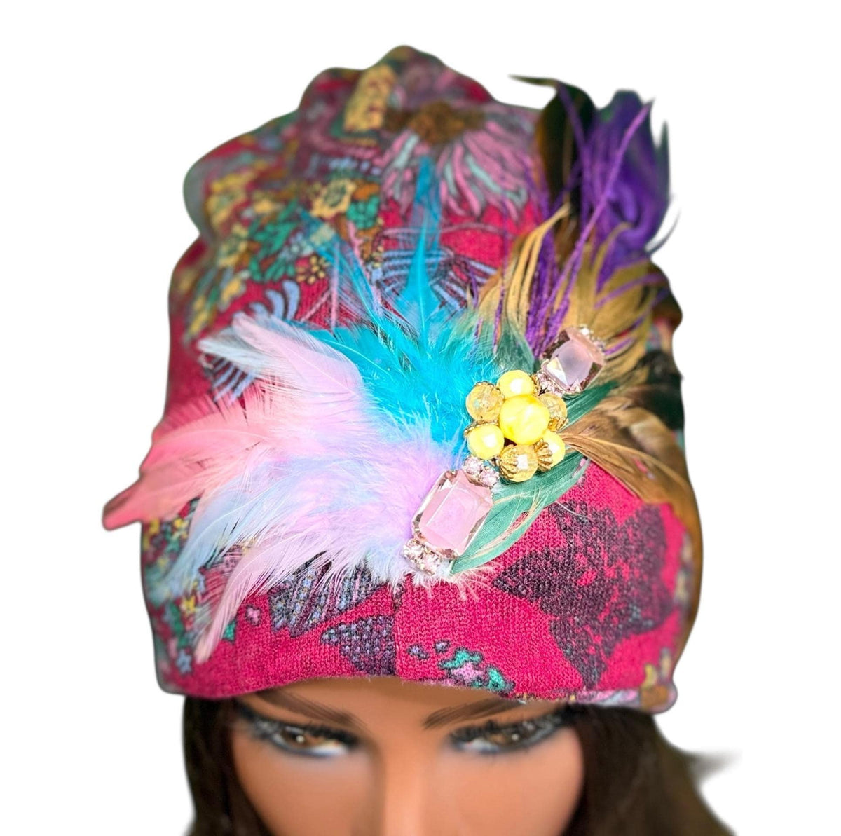 Paradise Island Statement Unique Floral Flapper Jeweled Designer Feathered Winter Knit Hat