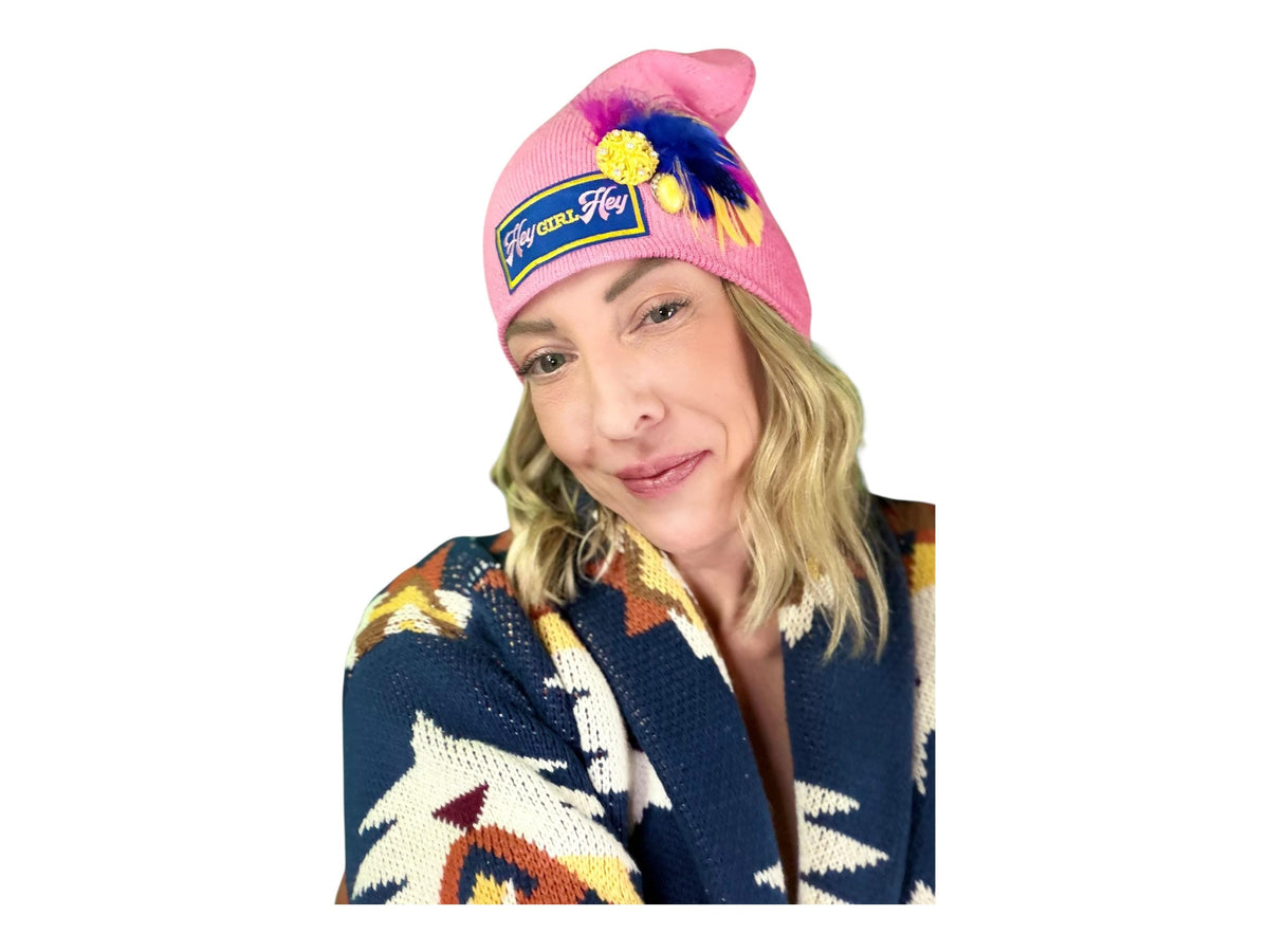 HEY Girl, HEY” Pink Patchwork Vintage Jeweled & Feather Embellished Designer Beanie